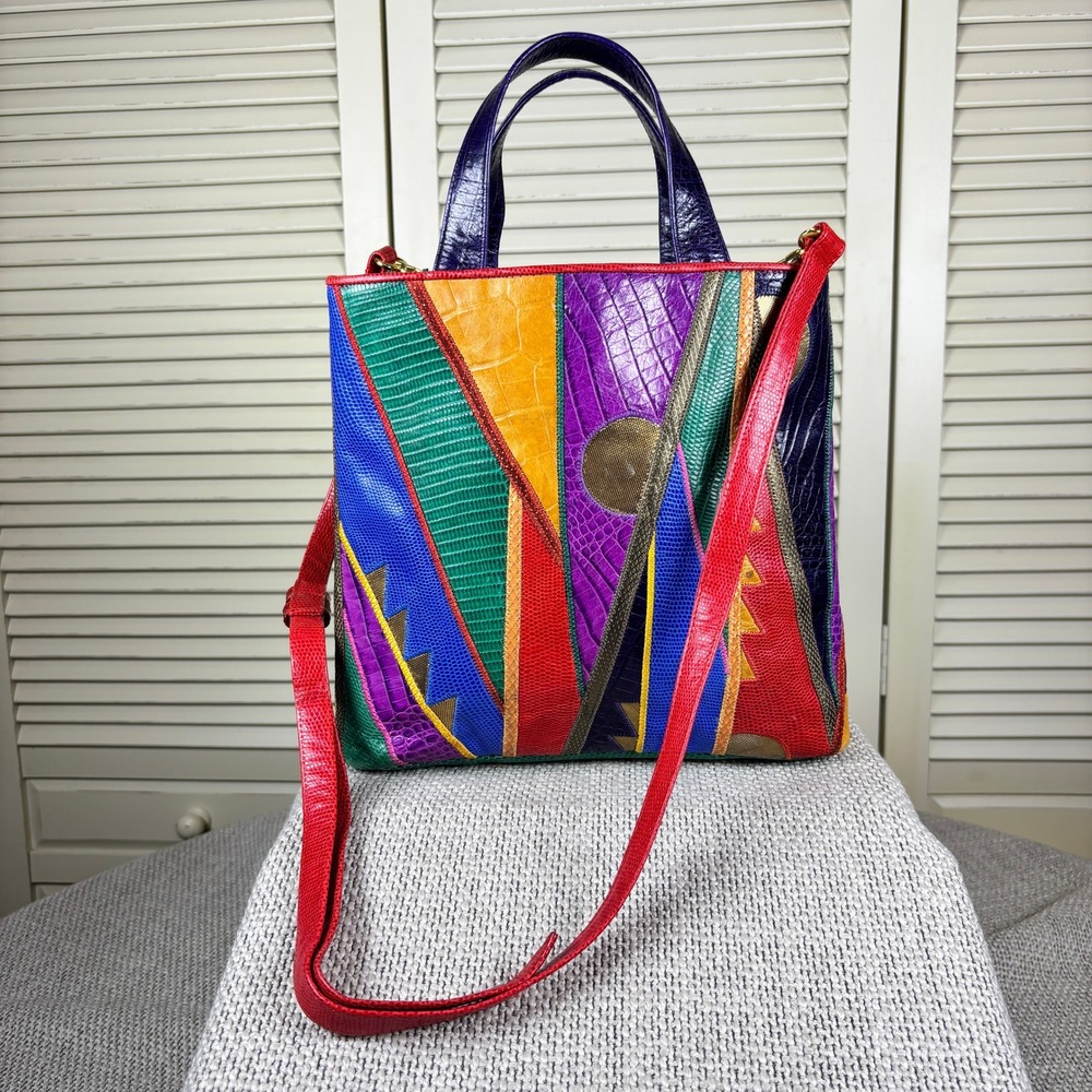 Bold Sharif Multicolor Patchwork Leather Tote Bag 80s Vintage Crossbody Colorful